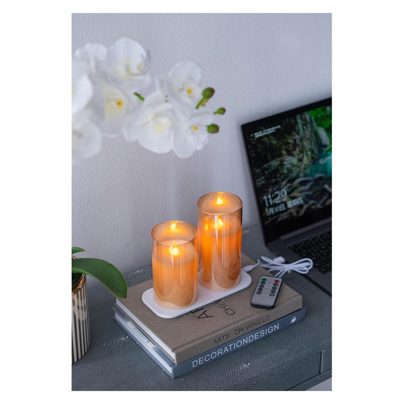 Ensemble de 2 bougies DEL rechargeables en verre ambré avec télécommande