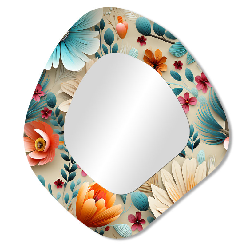 Soft Pastels Flower Accents I - Boho, miroir mural de forme unique, miroir décoratif asymétrique bleu, 28 po x 25 po