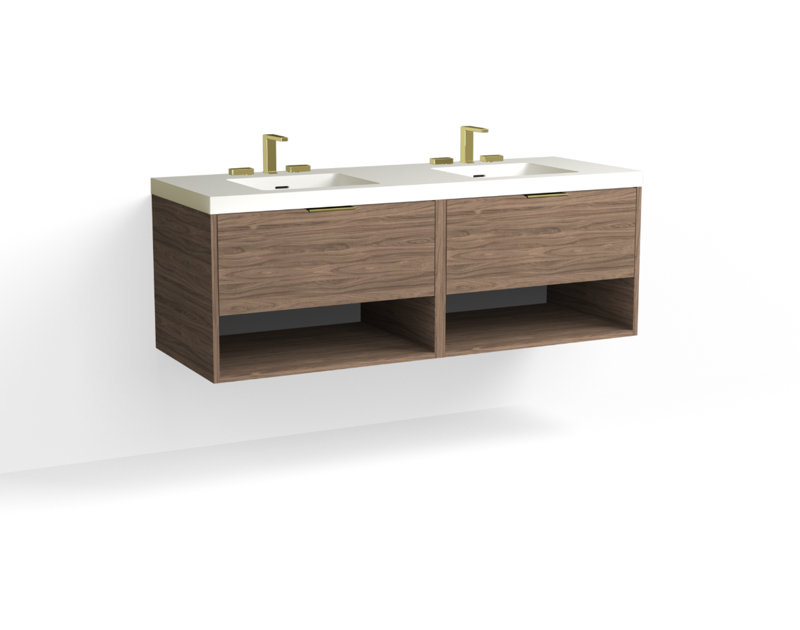 Modo 60" W Wall Mounted Double Bathroom Vanity, Matte White/Single, Biondo, Satin Brass