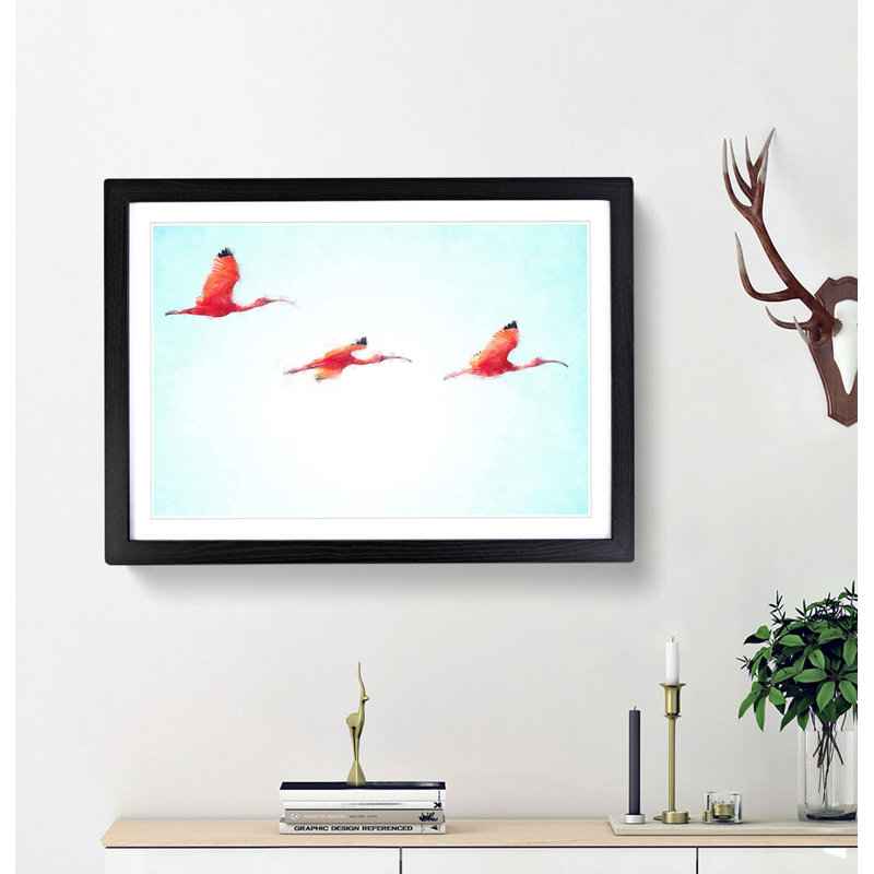 Three Pink Flamingos - Picture Frame Painting Print, 45cm H x 63cm W x 2cm D, Black Framed