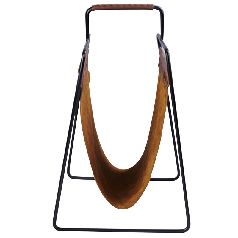 Black Metal Freestanding Magazine Rack with Brown Leather Slings