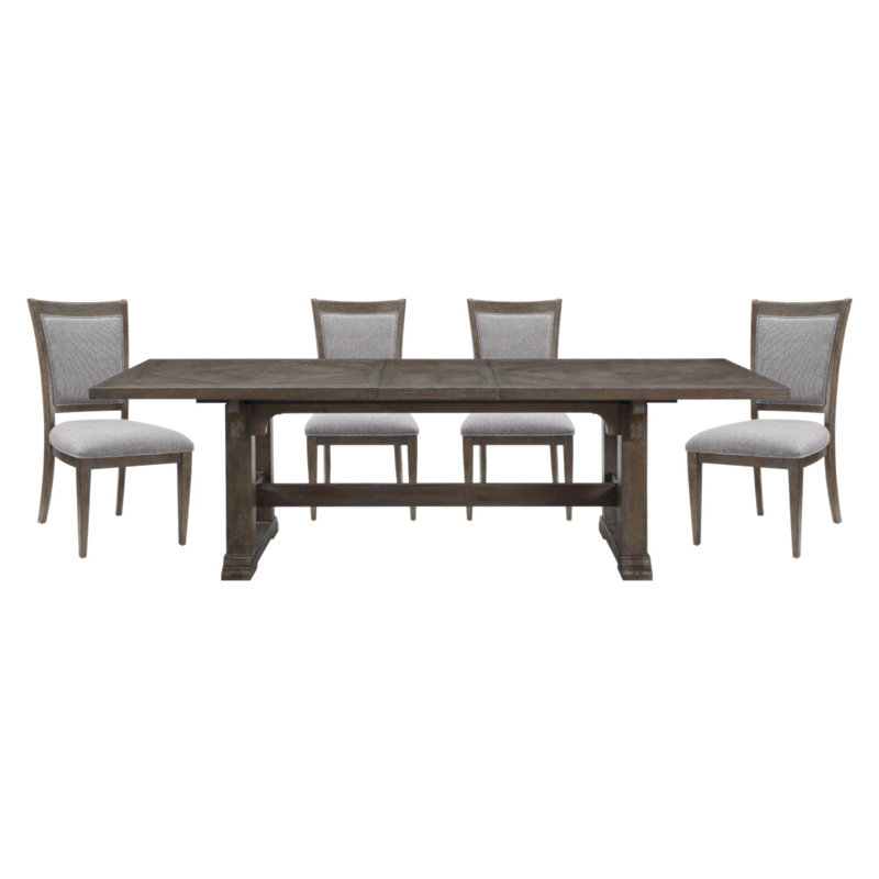 Ensemble de salle à manger extensible classique 5 pièces avec fini bois flotté, table en bois durable et chaises rembourrées grises pour des repas élégants