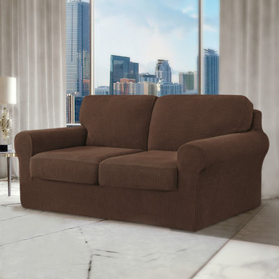 Non‑Slip Multiple Pieces Stretch Couch Covers,Soft Jacquard Washable Sofa Slipcovers, Universal Fit Furniture Protector for Daily Use with Pets & Kids (Loveseat,Chocolate)