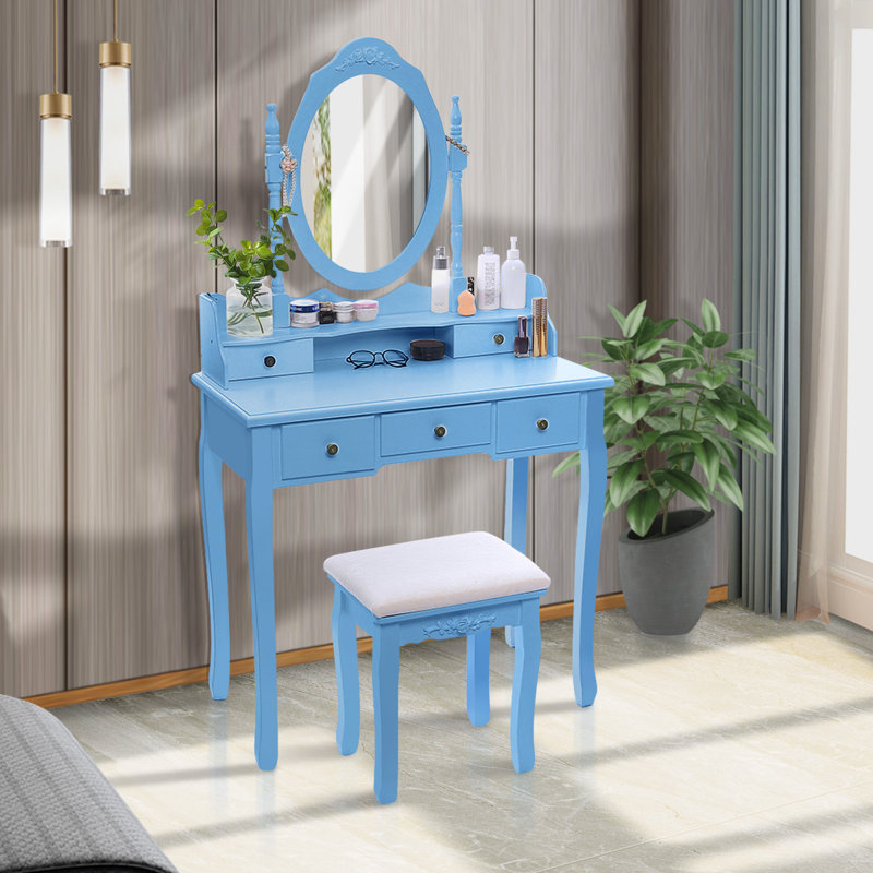 Ensemble coiffeuse avec tabouret et miroir Damichael, Bleu