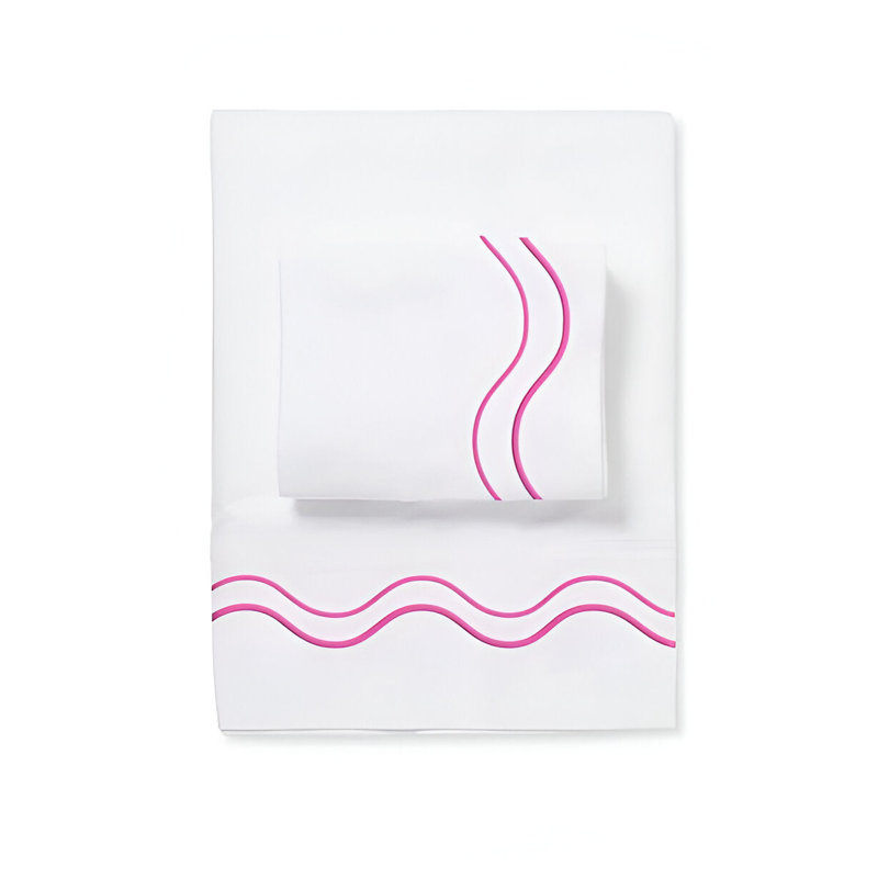 Double Wavy Embroidered Cotton 4 Piece Sheet Set Fitted Sheet Fits Upto 16" Deep Pocket, Hot Pink Border