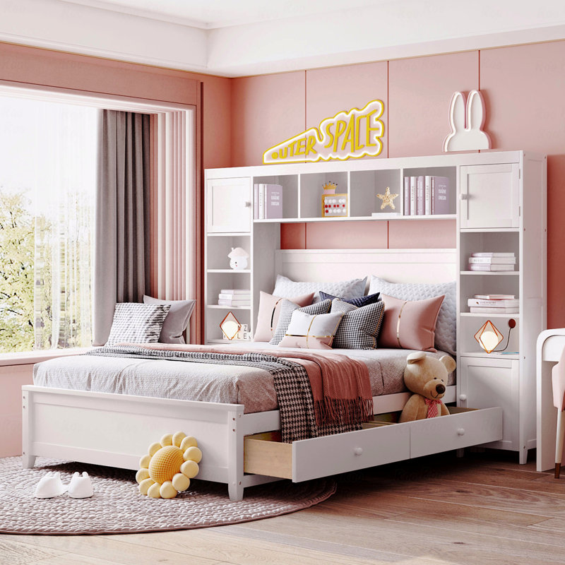 Structure de lit double en bois, armoire tout-en-un, tablette