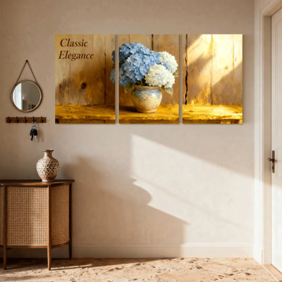 Ensemble de 3 impressions sur toile, hydrangées, élégance classique, vase floral, fond en bois, reflet du soleil