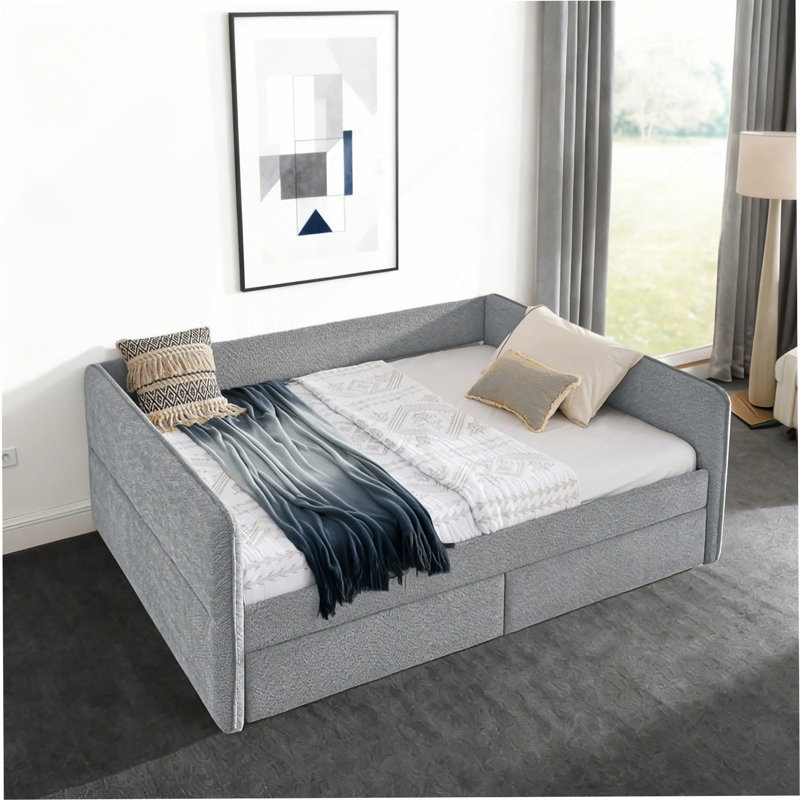 Canapé-lit capitonné avec deux tiroirs, grand lit de jour, tissu Boucle, gris (88 po x 65,5 po x 29,5 po), gris