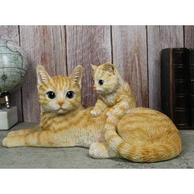 Realistic Curious Feline Orange Tabby Cat Mother With Cute Kitten Figurine 12"L