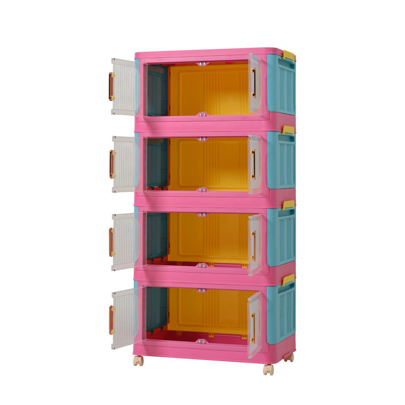 Happy Color, 20" Side Wide Folding Storage Cabinet ,4 Tiers,19.69"×11.81"×40.55",Collapsible Storage Bins With Magnetic Door, Plastic Storage Cabinet With Wheels