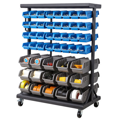 Support de rangement à 7 étages pour bacs roulants à 7 niveaux, 94 bacs en plastique, organisateur de pièces à double face avec roues, organisateur d'outil mobile pour garage, entrepôt, bureau, restaurant, salle de classe, cuisine