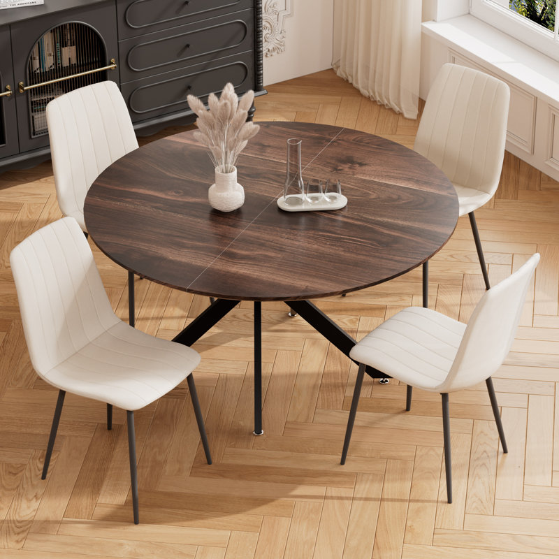 47in Round Dining Table Set, Brown, Beige, 5