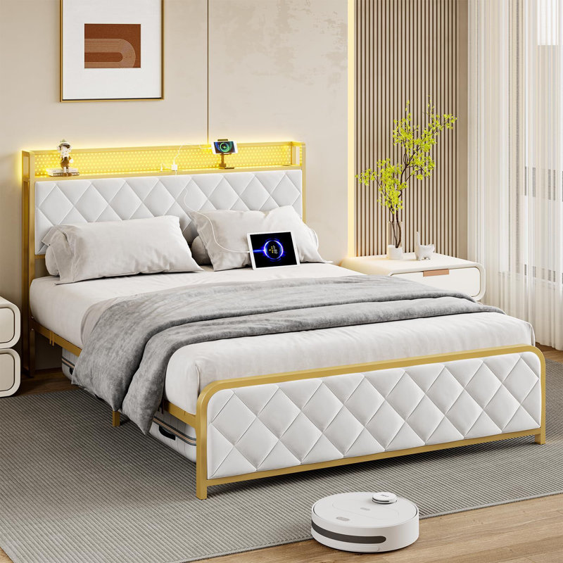 Bed Frame With Velvet Storage Headboard , Platform Bed Frame With Storage Charging Station LED Light Bed Frame, Queen, White