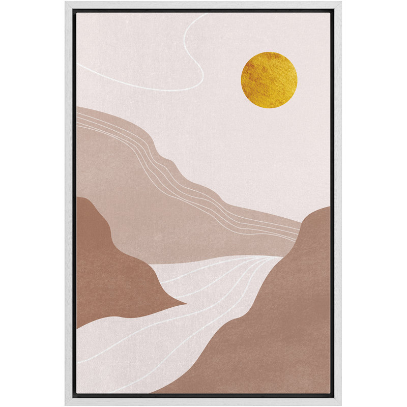«Signature», reproduction d'art sur toile encadrée, soleil doré sur montagnes brunes et rivière, nature, art numérique, art moderne moderne de style Mid-Century coloré pour le salon, la chambre à coucher et le bureau - 24 po x 36 po - noir