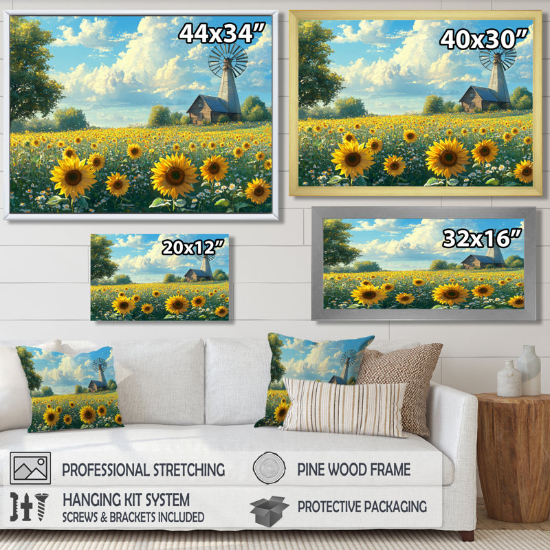 Été tournesols près du moulin I - Art mural tournesols, Reproduction encadrée d'une seule photo, Noir, noir, noir, noir