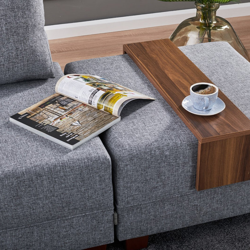 Canapé-lit et chaise longue 82,7 po Haleah, 100 % polyester gris, Accoudoir à droite (vu de face)
