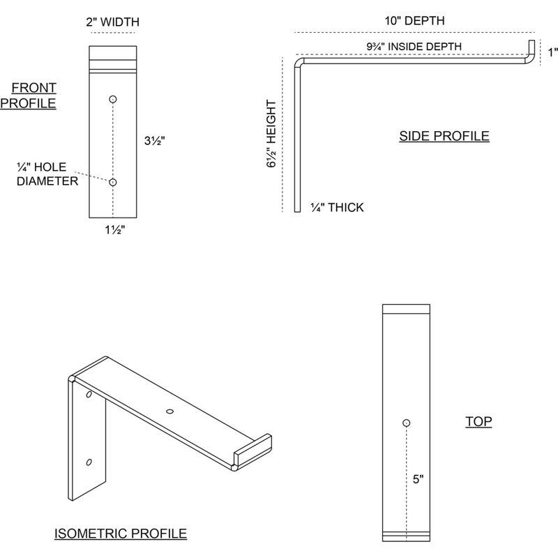 Support de tablette en acier, Bronze foncé martelé, H 7 po x l 2 po x P 10 po