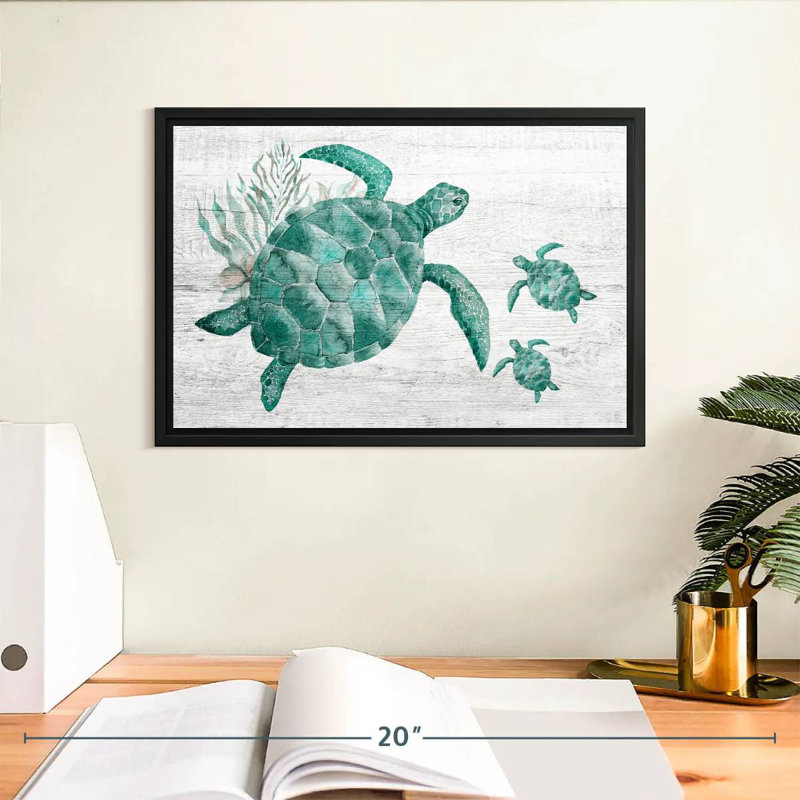 Famille de tortues en bois, Cadre flottant noir, 13 po x 9 po