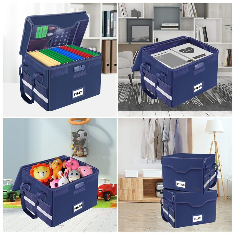 File Box Fireproof Document Box With Lock,File Storage Organizer Box With Insert Pocket,Collapsible Portable File Box Home Office File Cabinet With Handle For Hanging Letter/Legal Folder,Blue