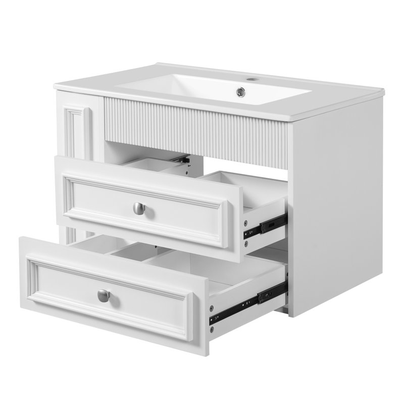 Meuble-lavabo mural de 30 po, armoire de rangement flottante avec 2 tiroirs, lavabo simple en céramique à 3 trous, armoire moderne.