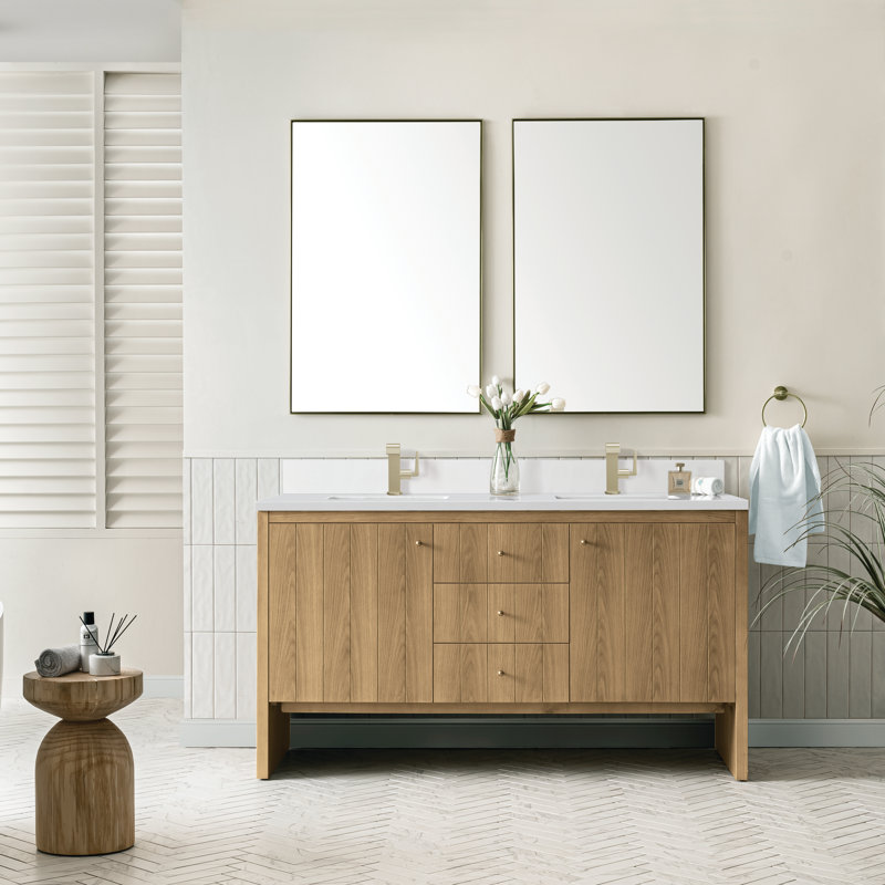 Hudson 60'' Double Bathroom Vanity with Top, White Zeus, Single-Hole, Light Natural Oak