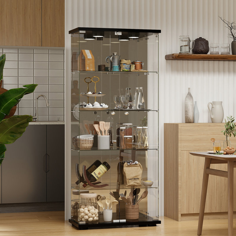 Razuri Tempered Glass Display Cabinet with Mirrored Back Panel, 5-Shelf Curio Cabinet with 2 Door, Black