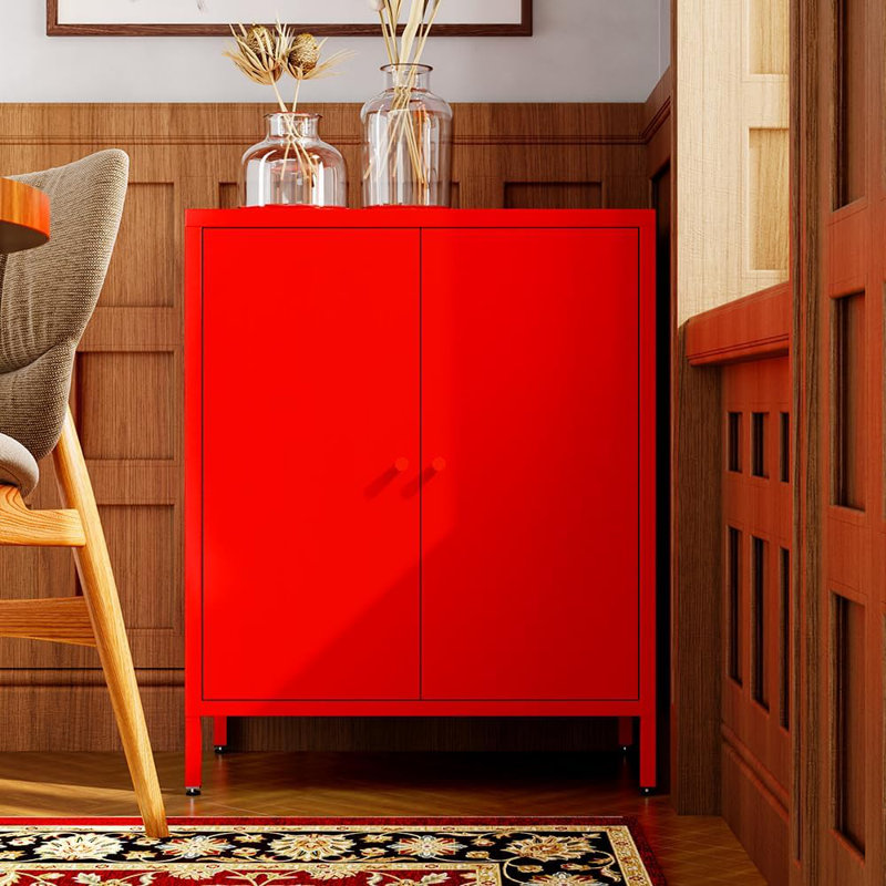 Small 2 Transparent Door Metal Storage Side Buffet Cabinet For Bed Room,Living Room,Entryway,Hallway,Home,Hotel,Office,Garage,Kitchen,4 Removable Shelf.