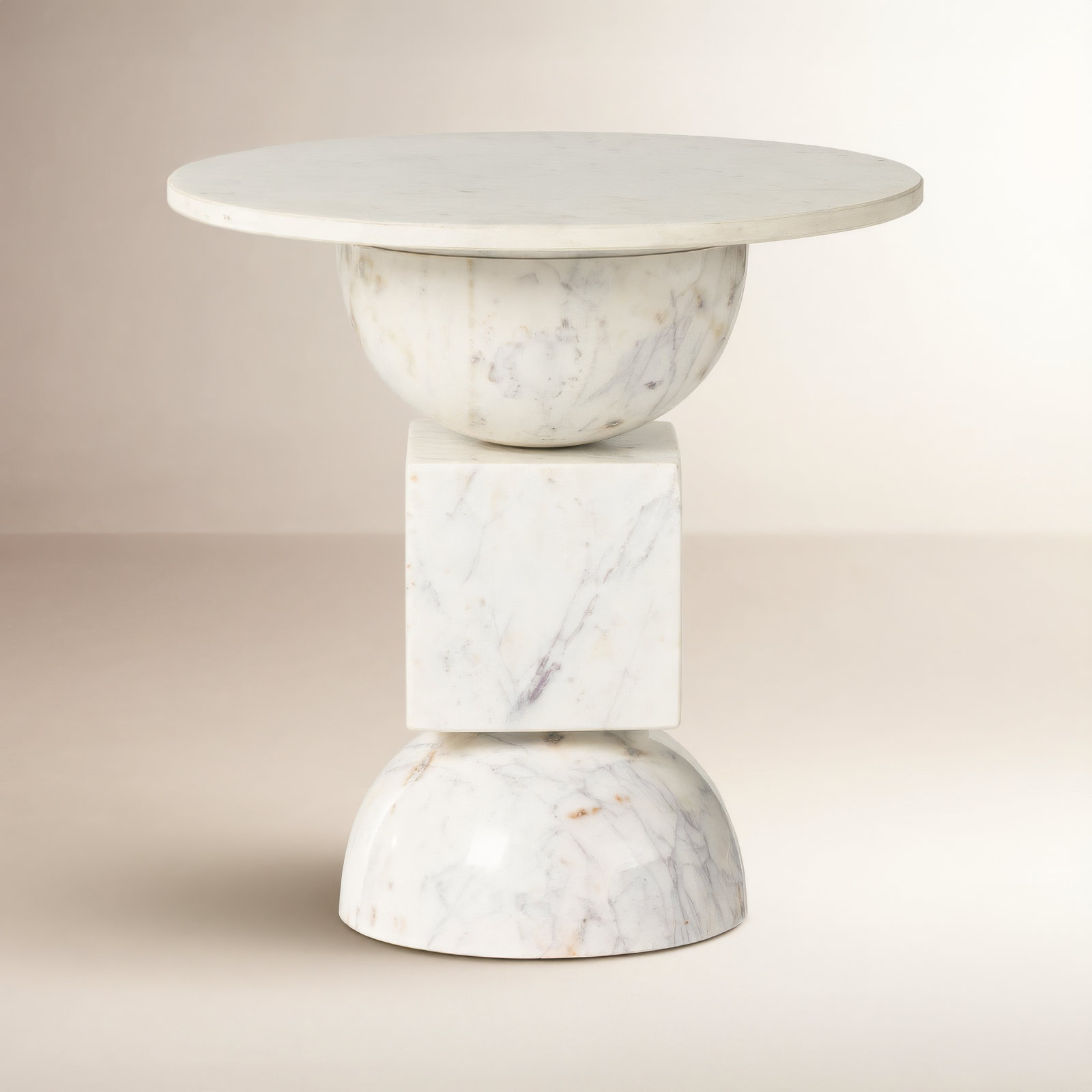 Zed Genuine Marble Pedestal End Table, Polished White