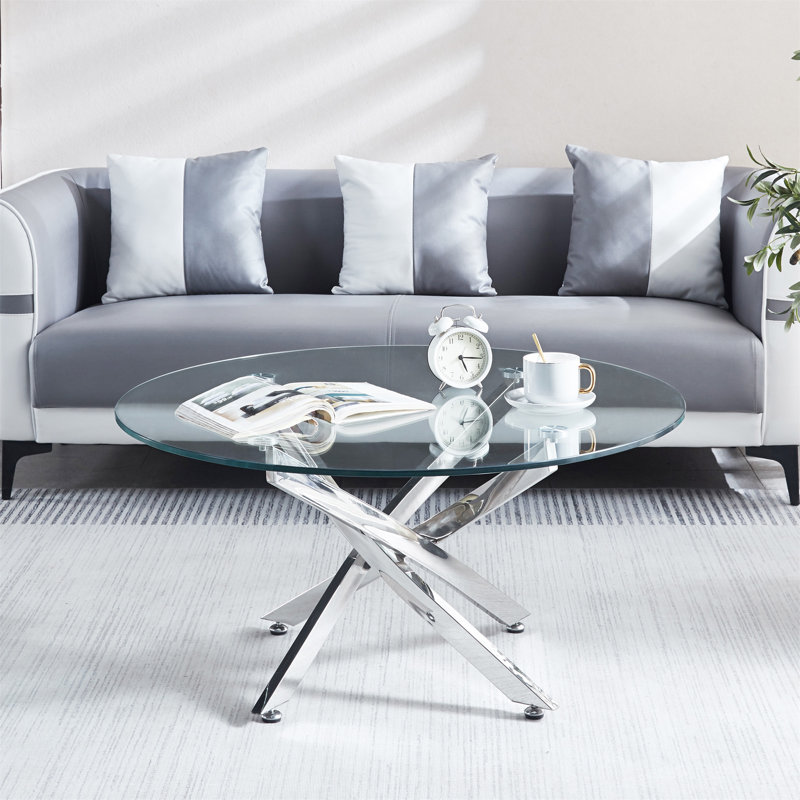 Table basse ronde moderne en verre trempé avec pieds en acier inoxydable (table basse uniquement, sans chaises)