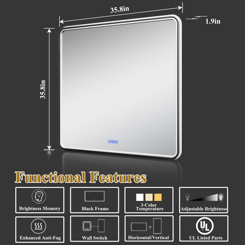 Liutza Dimmable Anti-Fog Lighted Bathroom/Vanity Mirror, 36" x 36", Square