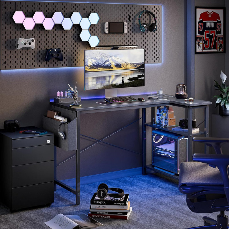 Small Computer Desk With Power Outlets, 40 Inch L Shaped Desk With Reversible Shelves