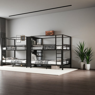 Lit superposé en métal quadruple, lit superposé en métal quadruple avec tablettes de rangement intégrées et garde-robe