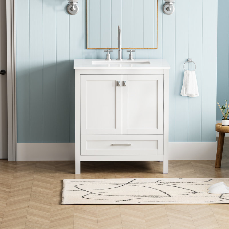 Meuble-lavabo de 30 po avec comptoir en marbre, armoire en bois massif blanc. Style élégant, mécanisme de fermeture en douceur. Meuble-lavabo 24V03-30Wh entièrement assemblé, comptoir d'armoire. Conception tendance, fermeture.