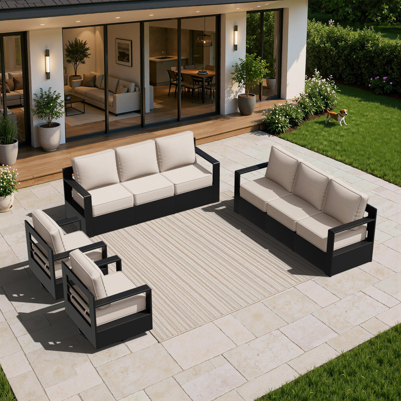 Ensemble de patio d'extérieur en aluminium 4 pièces avec 2 canapés, 2 chaises pivotantes et coussin beige Abdullah, Beige
