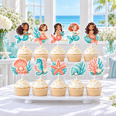 Ensemble de 10 décorations pour cupcakes sirène, corail aigue-marine, perles, coquillages et hippocampe, décoration pour fête d'anniversaire sur le thème de l'océan