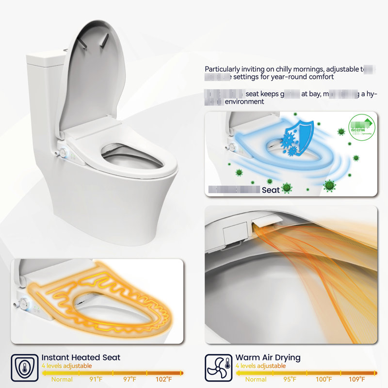 Siège de toilette Smart Bidet avec fonction de bouton latéral - chauffant, nettoyage automatique des buses, réglages d'eau réglables, fermeture silencieuse silencieuse, couvercle automatique, nettoyage contrôlé axé sur l'hygiène, assurance centrée silencieuse