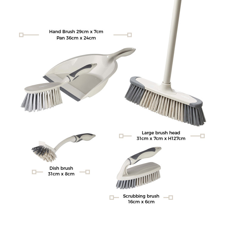 Tower T769002MSH 5-in-1 Cleaning Set with Dust Pan and Brush/Kitchen Broom/Dish Brush/Scrub Brush, Latte & Grey
