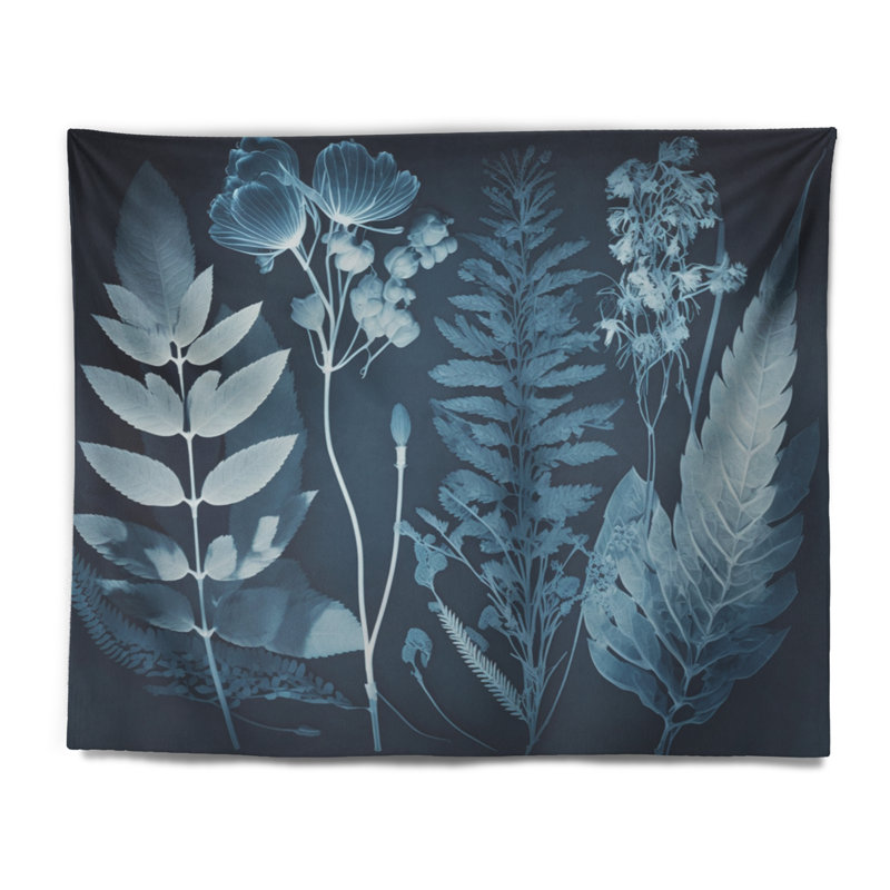 Fleurs sauvages rétro dans les tons de bleu - Tapisserie murale florale, H 32 po x l 39 po
