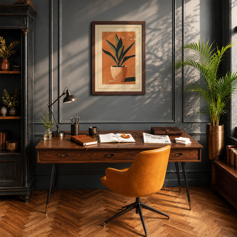 Potted Plant Geometric Botanical - Framed Print, A2 - 59.4 x 42.0 cm, Walnut