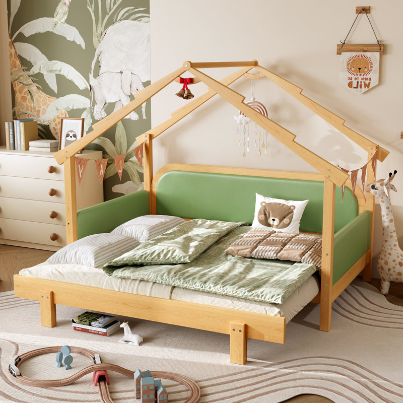Wood Treehouse bed with Soft Cushion Rails, Green