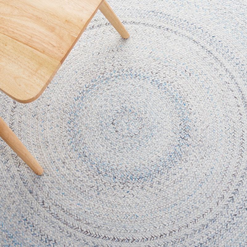 Tapis rond en polyester tissé à la main ivoire / bleu clair Kymisha, Rond 5 pi