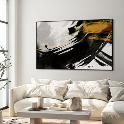 Contemporary Abstract Dynamic Black Brushstroke Home Decor Extra Large Framed Wall Art Print (Frame Assembly Required)