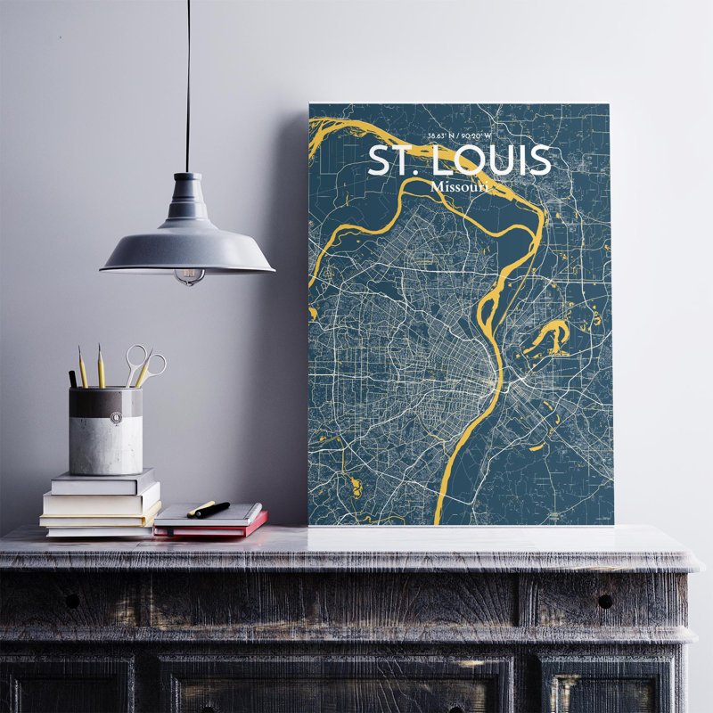 St. Louis City Map, impression, H 27,6 po x l 19,7 po, Bleu / jaune
