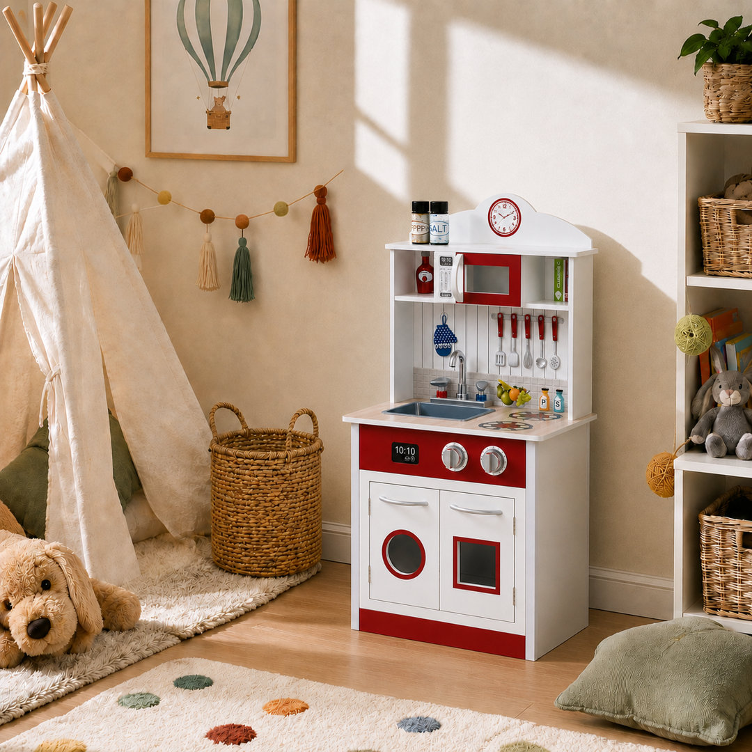 Teamson Kids Little Chef Madrid Compact Wooden Play Kitchen with Sink, Oven, Microwave, Clicking Knobs, Storage & 2 Accessories