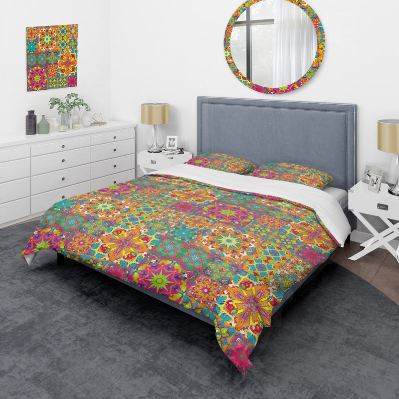 Multicolor Tile Patchwork Polyester Patchwork Duvet Cover, Twin Duvet Cover + 1 Standard Sham