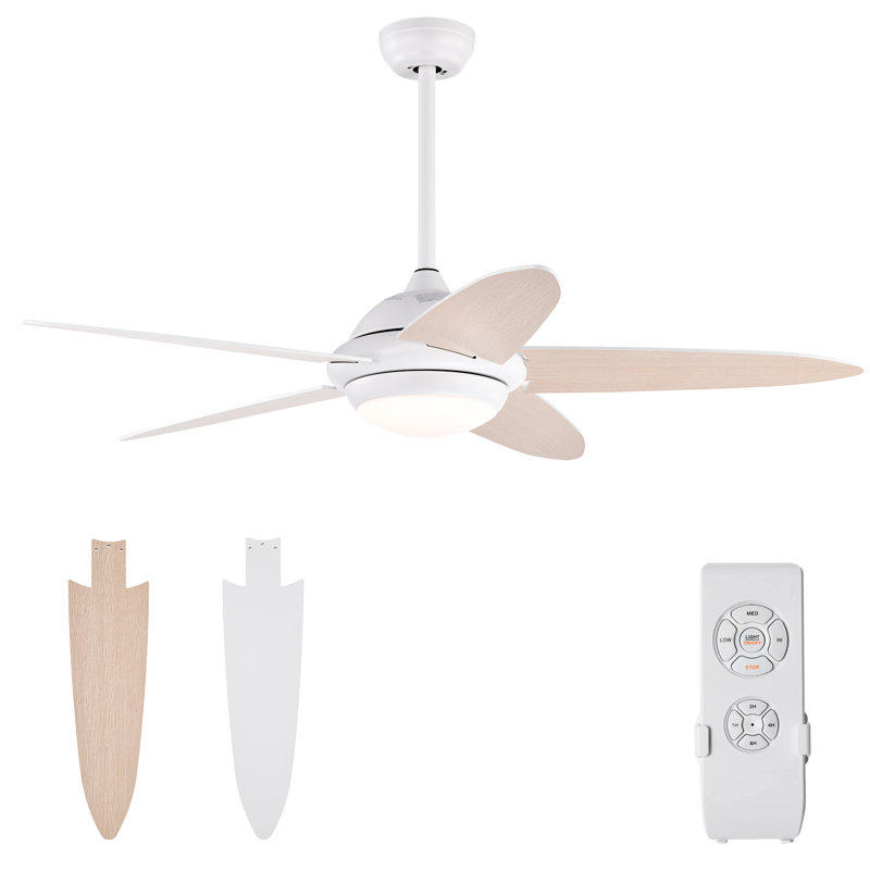 Ventilateur de plafond 52 po avec éclairage et télécommande Ivy Bronx, Bois naturel / bois blanc, Blanc