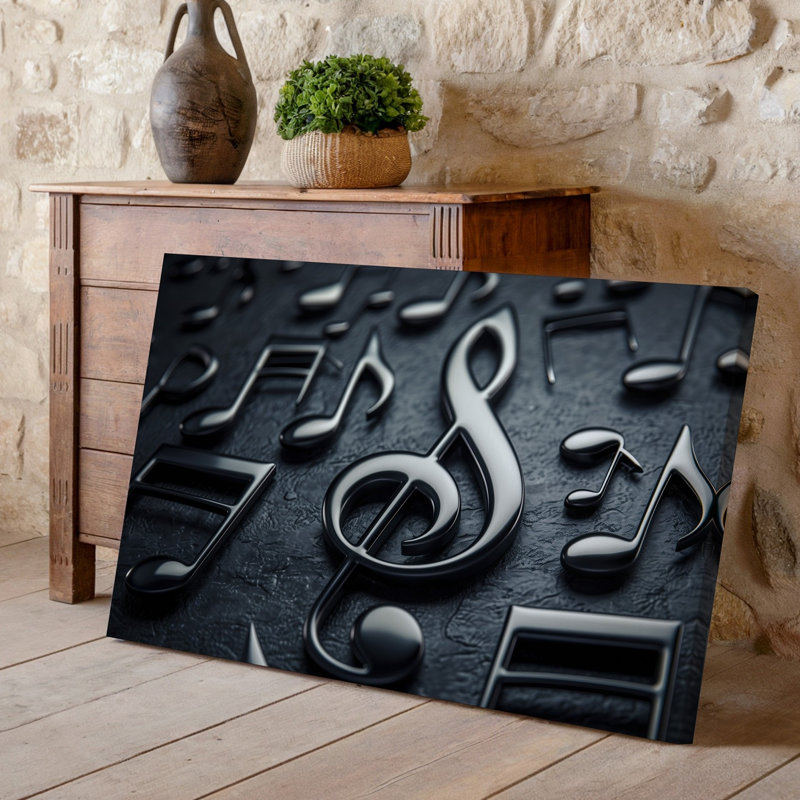 Toile, composition de gros plan avec art mural noir élégant et aigus sur fond de clé de sol et plusieurs notes de musique disposées sur toile sombre