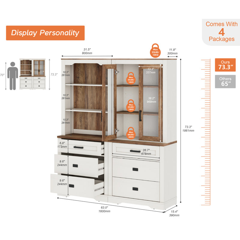 Bibliothèque à 2 colonnes et 3 niveaux avec tiroir, bibliothèque sur pied de 73,3 po de hauteur, armoire de rangement de style campagne moderne avec tablettes réglables