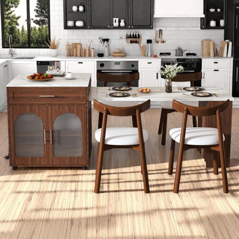Ensemble de salle à manger extensible pour îlot de cuisine avec 4 chaises, plateau en faux marbre, prise de courant, armoire et tiroirs