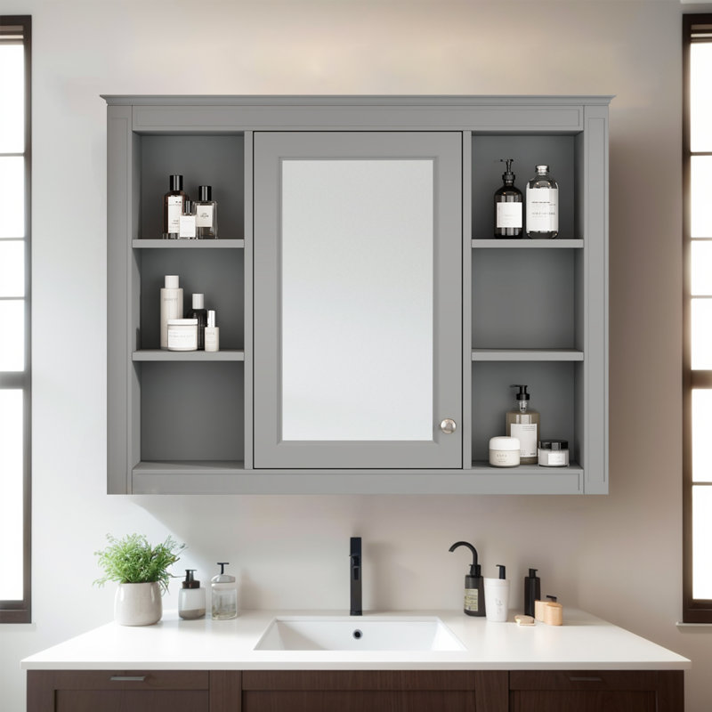 Wall Mounted Medicine Cabinet Mirror Fixed, Gray